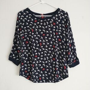 Anthropologie Maeve Shirt Top Blouse Women 2 Blue Bird All Over Print 3/4 Sleeve